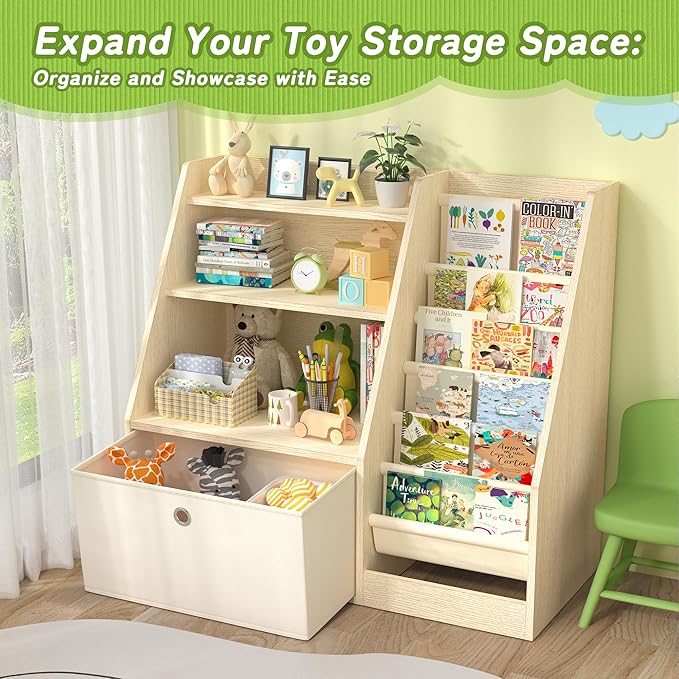 TOETOL Kids Bookshelf & Book Storage，6 Sling Wooden Toddler Book Shelf，3-Tier Wooden Open Bookcase & Storage Organizer Boxes for Nursery, Playroom, Bedroom