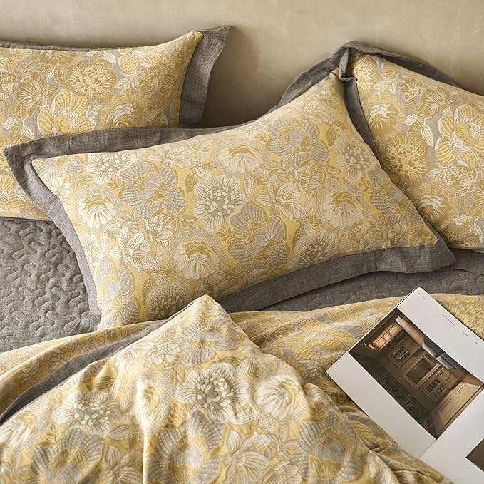 mixinni Duvet Cover Queen, Premium Cotton Double-Layer Yarn Golden Floral Jacquard Reversible Grey Comforter Cover with Edge Design, Farmhouse Bedding Set with 2 Pillowcases Perfect for Him and Her