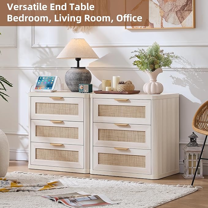 LEYAOYAO Rattan Night Stand with Charger Station, 23" Large 3 Drawer Boho Nightstand, Grey White Bedside Table Storage Cabinet, Bed Side End Tables for Bedroom, Living Room, Hallway