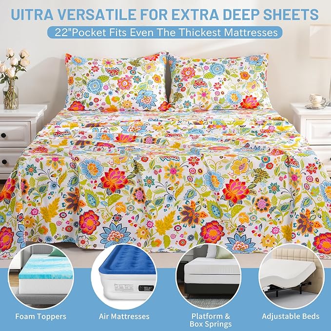 Bedlifes King Size Extra Deep Pocket Sheet Sets - Fits Mattresses Up to 18-24" Thick, 4-Piece Microfiber Set with 1800 Thread Count, Soft, Smooth, Breathable, Featuring Floral Spring Design