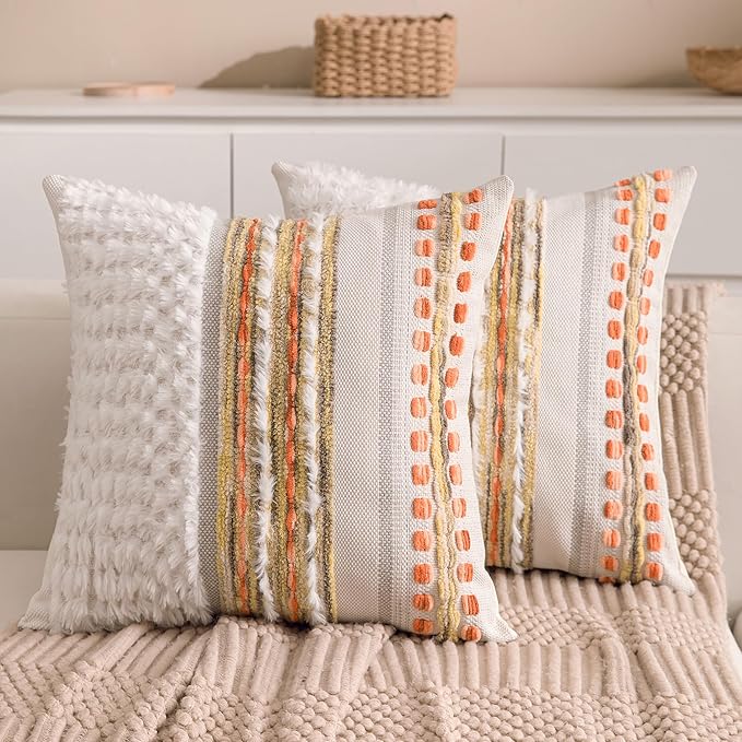 KOOLIFE Fall Boho Chenille Tufted Throw Pillow Covers 18x18 Inch Set of 2 Farmhouse Striped Couch Decorative Pillow Covers Accent Neutral Pillowcase Yellow Orange Cushion Cover for Livingroom Sofa Bed