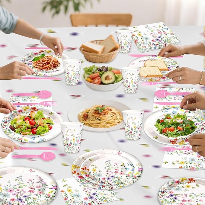 141pcs Spring Wildflower Party Decorations include Wildflower Plates Napkins Forks Knives Straws Tablecloth Cups for Floral Baby Shower Birthday Decorations,Suitable for 20 Guests