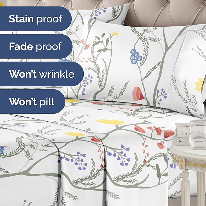 Floral Sheets - Boho Cal King Bed Sheet Set - 1 Flat, 1 Fitted & 2 Pillowcases w/ Deep Pockets - Wrinkle & Fade Free - Boho Botanical Bedding - Ultra-Soft, Breathable and Cooling - Cal King Size Set