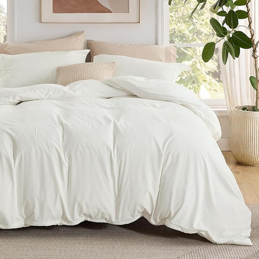 Bedsure Duvet Cover with Fitted Sheet King - Deep Pocket, Hotel Luxury Soft Double Brushed Bedding Set with Zipper Closure, 1 Duvet Cover, 1 Fitted Sheet, 2 Pillow Shams, NO Comforter, Ivory White