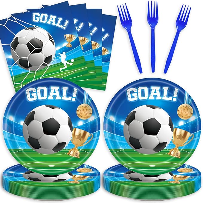 Generic 48Pcs Blue and Green Soccer Party Decorations: Plates, Napkins, Forks for 20 Guests - Soccer Birthday Party Decorations