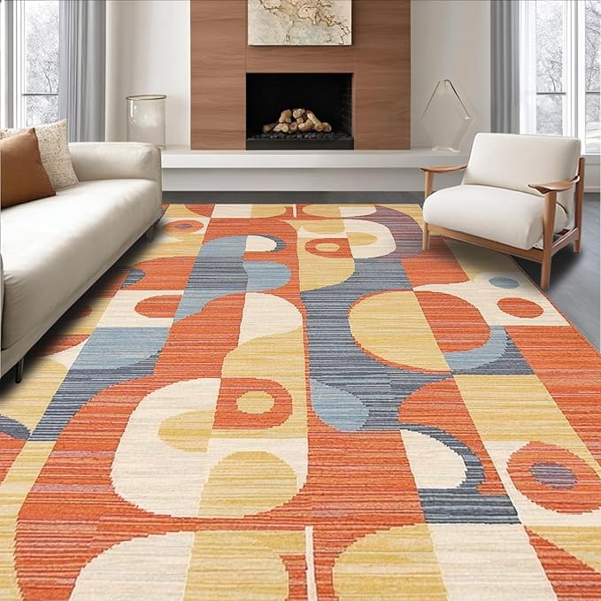 Flatwoven High Traffic Area Rug 8x10, Vibrant Geometric with Artistic Swirls and Colorful Motifs, Non Slip, Stain Resistant, Washable Area Rugs for Living Room, Bedroom (Orange, 8x10)