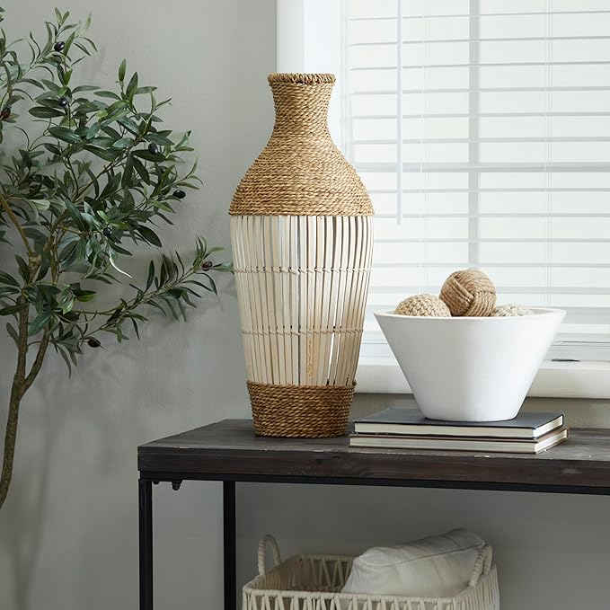 Deco 79 Seagrass Handmade Decorative Vase Wrapped Tall Floor Centerpiece Vase with Open Framed Cream Bamboo Center, Vase for Home Decoration 10" x 10" x 25", Brown