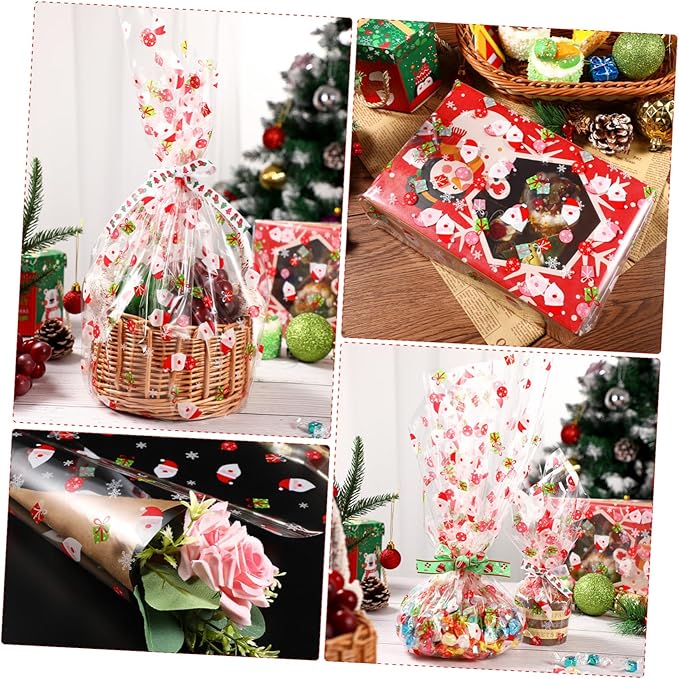 Alipis Christmas Cellophane Wrap Santa Clause Treat Bags Xmas Pattern Wrapping Paper Wrapper Sheet for Crafts Fruit Basket Packing