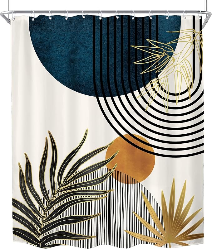 KOMLLEX Mid Century Blue Boho Shower Curtain 72Wx84L Inches Abstract Modern Blue Shower Curtains for Bathroom Decor Plant Botanical Minimalist Arch Sun Fabric Liner Waterproof Polyester 12 Pack Hooks
