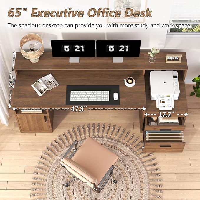 Computer Desk with 3 Drawers & Storage Shelves, 65 Inch Home Office Desk with File Drawer & Cabinet, Writing Study Desks with Monitor Stand & Printer Shelf, Executive Desk, Brown