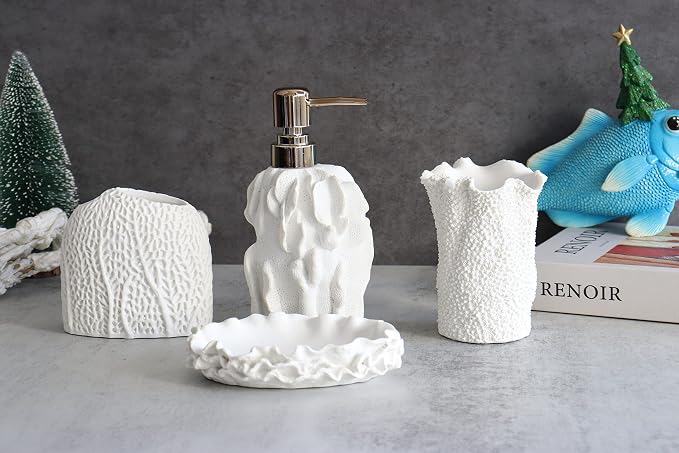 Hymmah Bathroom Accessories Set,Coral Seashell Design Toothbrush Holder,Farmhouse Bathroom Decor,4 Pcs Resin Gift Set Apartment Necessities, Contain Toothbrush Cup,Soap Dispenser,Soap Dish,Tumbler