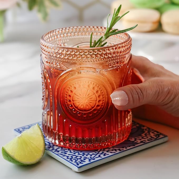 Ribbed Retro Arch Floral Rose Gold Drinking Glasses Set of 6, (10 oz) Vintage Glassware Set by Kate Aspen| Cocktail Glass Set, Juice Glass, Water Cups | Great Hostess Gift & Gift for New Home Owners