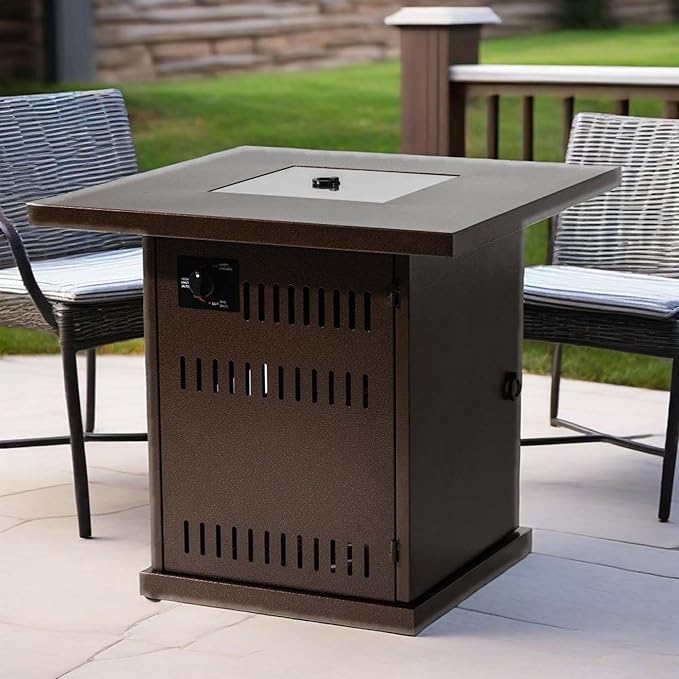 28" Propane Gas Fire Pit Table, 50000 BTU Imitation Wood Grain Finish Square Fire Pit with Lid & Volcanic Stones 2 in 1 Fire Pit Table Rock for Outside Patio Deck Garden Courtyard