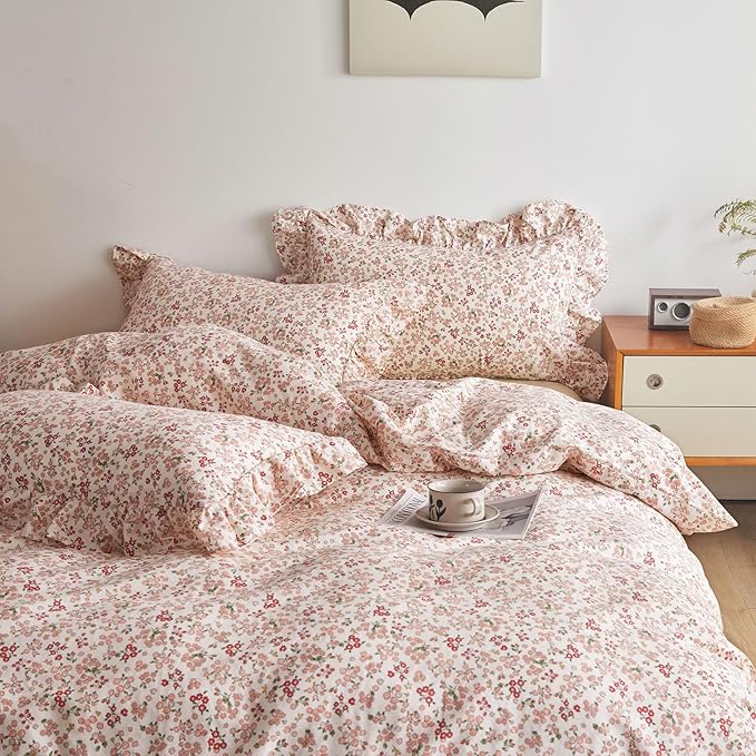 Girls Duvet Cover Pink Red Flower Duvet Cover 100% Cotton Floral Comforter Cover Vintage Boho Floral Bedding Set Queen Botanical Cottagecore Comforter Cover Queen Duvet Cover with Ruffle Pillowcases