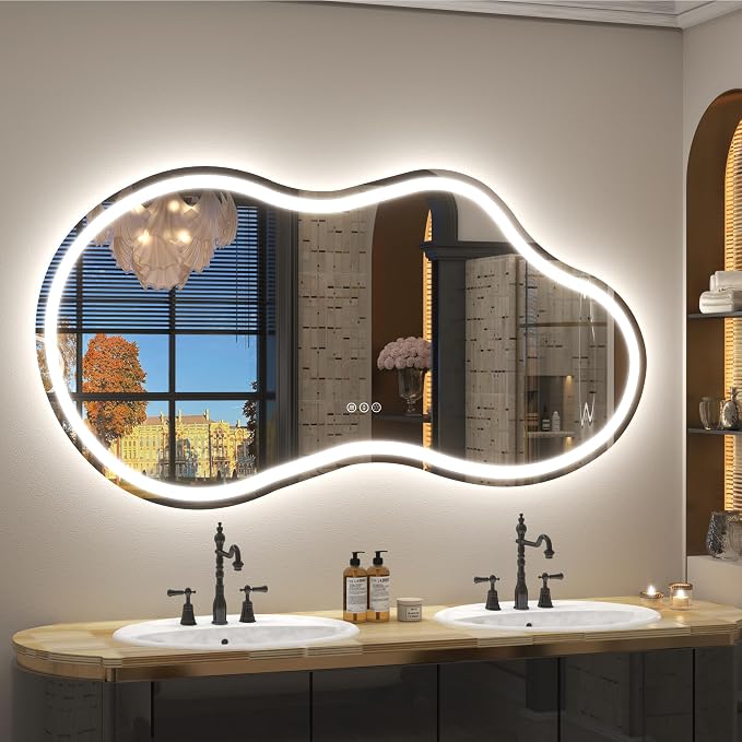 60x32 Inch Irregular Cloud LED Bathroom Mirror with Lights, Asymmetrical Lighted Vanity Mirror for Wall, Anti-Fog, Dimmable, Memory, 3 Colors (Horizontal/Vertical)