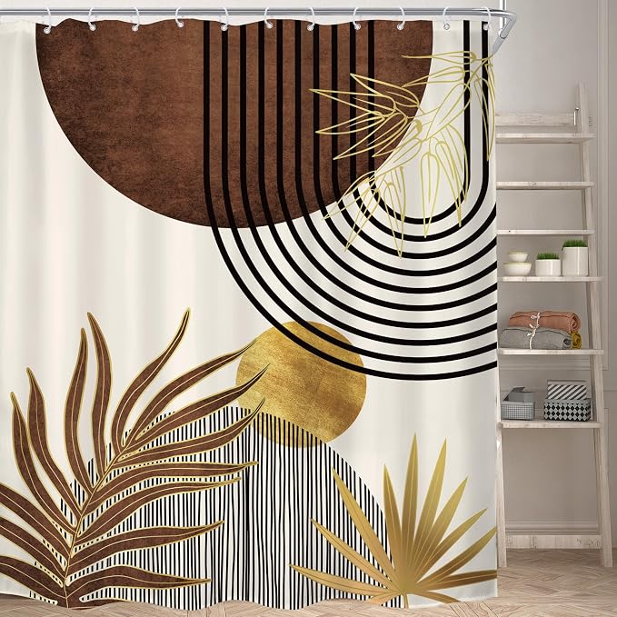 KOMLLEX Mid Century Brown Boho Shower Curtain for Bathroom Decor 72Wx84H Inches Abstract Modern Beige Gold Minimalist Bohemian Geometric Simple Fabric Waterproof Polyester 12 Pack Hooks Pack Hooks