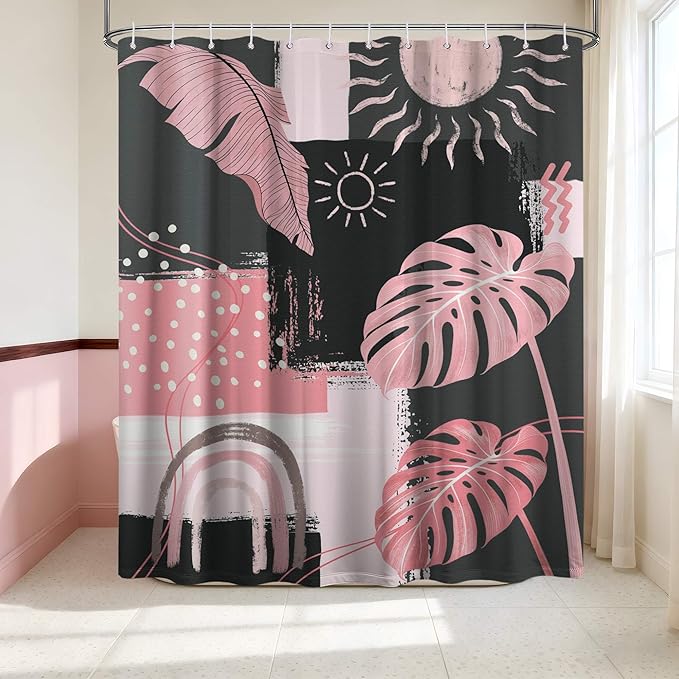 Pink and Gray Mid Century Modern Shower Curtain Bohemian Abstract Light Pink and Grey Shower Curtains for Bathroom Decor Sets, Waterproof Cloth Fabric with Hooks, 60x72 Inch
