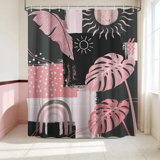 Pink and Gray Mid Century Modern Shower Curtain Bohemian Abstract Light Pink and Grey Shower Curtains for Bathroom Decor Sets, Waterproof Cloth Fabric with Hooks, 70x72 Inch