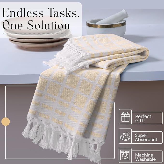 Matrix Dobby Kitchen Towels 12 Pack, 100% Cotton, 16x26 Inches, Absorbent Tea Towels with Handmade Tassels, Reusable Washable Cloths for Quick Drying and Cleaning - Pale Yellow, White