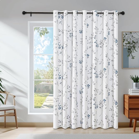 Beauoop Floral 100% Blackout Curtains 84 Inch Length 1 Panel for Patio Sliding Door Extra Wide Blue Grey Flower Patterned Divider Room Darkening Thermal Soundproof Grommet Window Drapes,100x84, 1 Set