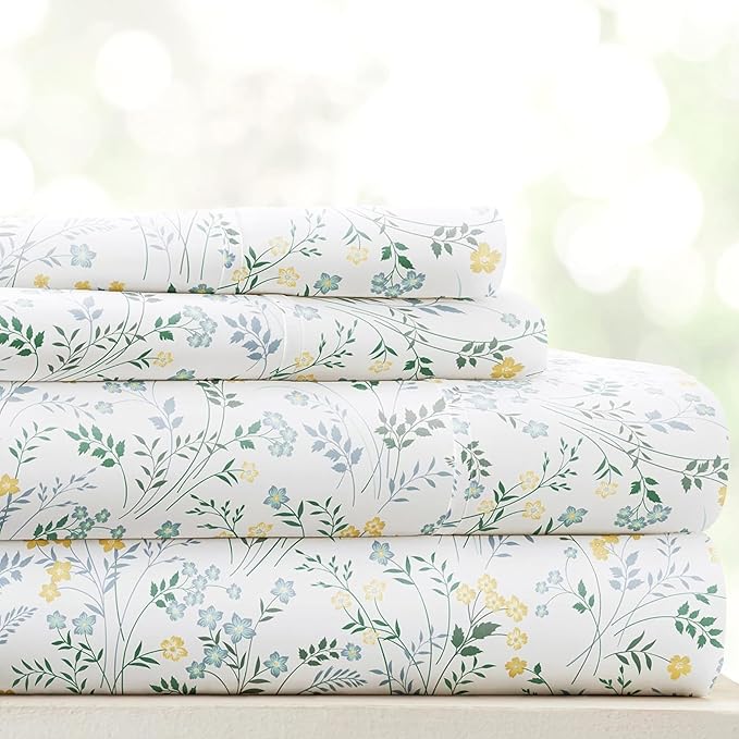 Linen Market Patterned Microfiber Queen Sheet Set 4 Piece – Oeko-TEX Certified Ultra Soft & Wrinkle-Free - 16" Deep Pocket Sheets - Easy Care Queen Size - Wildflower Light Blue