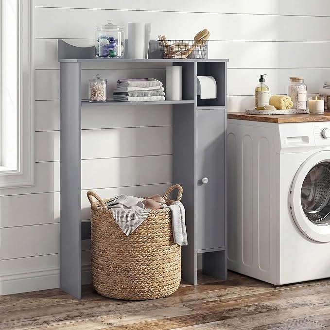 Tangkula Over the Toilet Storage Cabinet, Bathroom Organizer with Toilet Paper Holder, Adjustable Shelves, Freestanding Behind Toilet Stand, Perfect for Bathroom, Laundry (Gray)
