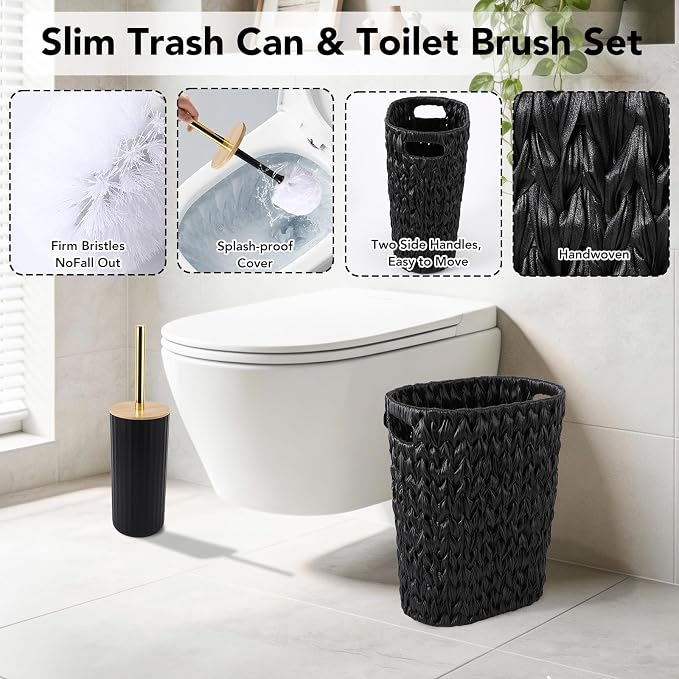 Bathroom Accessories Set, 25PCS Wicker Bathroom Accessory Set with Shower Curtain, Bath Mat, Soap Dispenser, Handwoven Trash Can & Rattan Tissue Box (Black, Bath Set+Shower Curtain+Rugs)