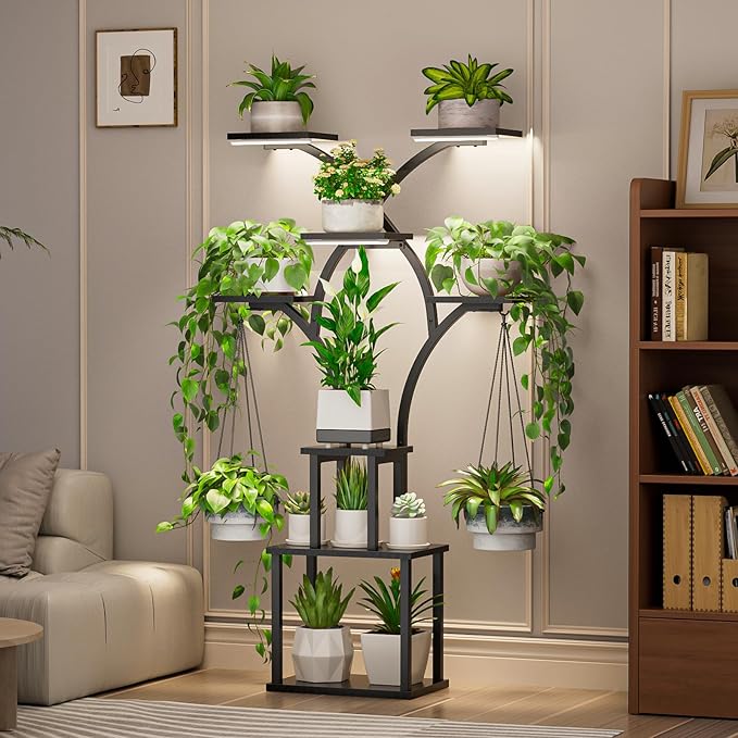 Elbourn 8 Tiered 60" Plant Stand Indoor Shelf with 3 Grow Lights (Black) | Corner Shelf Decor