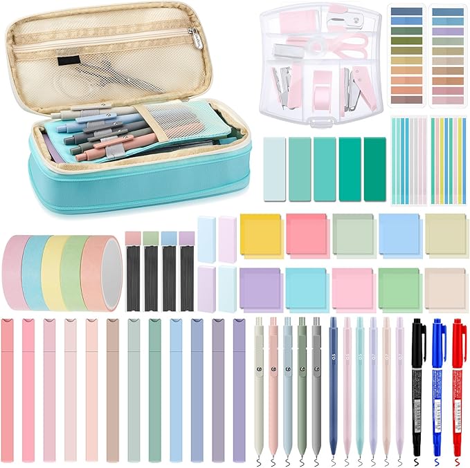 Sinload 60 Pcs Aesthetic Book Annotation Kit School Supplies Cute Pencil Case 12 Highlighter 5 Gel Pen 6 Mechanical Pencil 5 Magnetic Bookmark 1220 Pcs Sticky Note Tab Student Stationary(Mint Green)