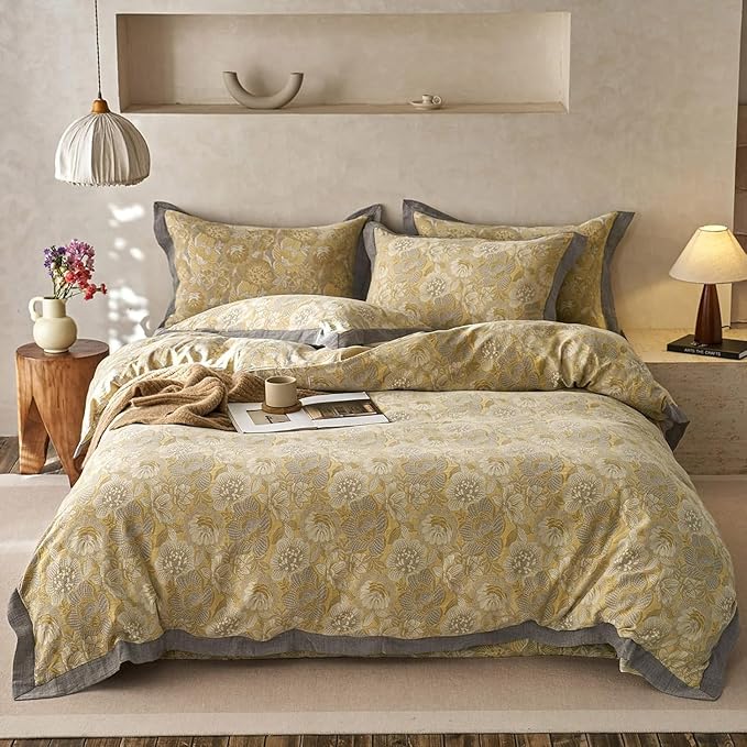 Jacquard Floral Duvet Cover Set Twin Premium Yarn-Dyed Cotton Yellow Gold Flower Duvet Cover Jacquard Reversible Floral Comforter Cover with Edge Design Vintage Garden Style Botanical Bedding Set Twin