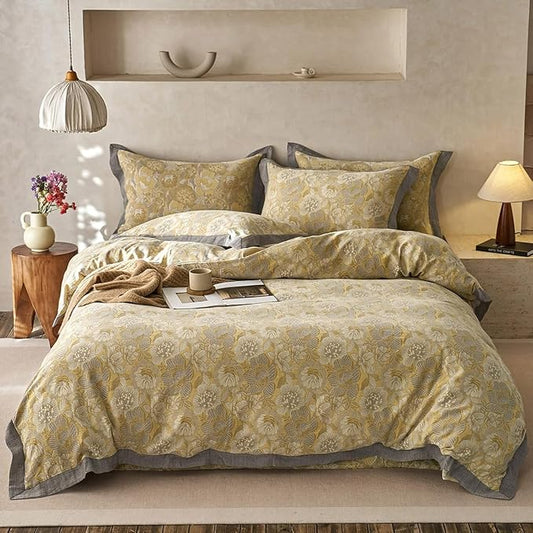 Jacquard Floral Duvet Cover Set Twin Premium Yarn-Dyed Cotton Yellow Gold Flower Duvet Cover Jacquard Reversible Floral Comforter Cover with Edge Design Vintage Garden Style Botanical Bedding Set Twin
