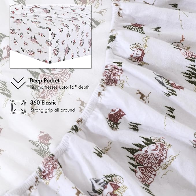 RUVANTI Flannel Sheets Twin Size - 100% Cotton Double Brushed Twin Sheets Set, Deep Pockets 16 Inches, All Seasons Breathable & Extra Soft Bed Sheets, Warm & Cozy, 3 Piece, Hilly Huts