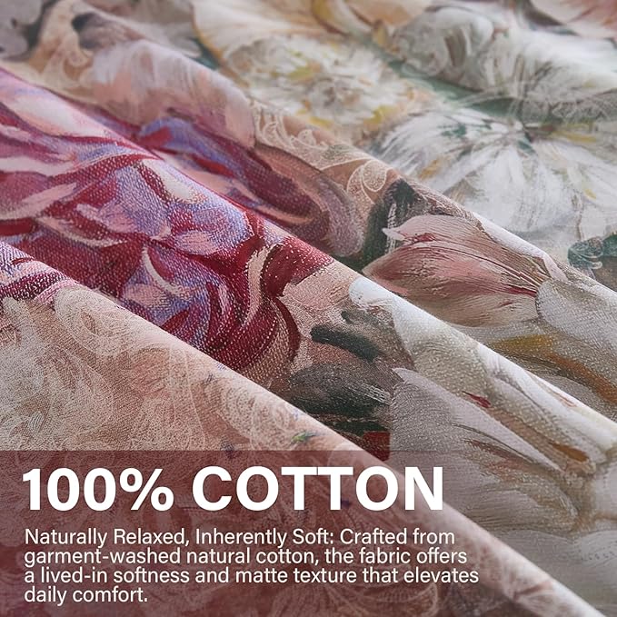 100% Cotton Duvet Cover Queen Size – Vintage Floral Duvet Cover Set with Zipper Closure & Corner Ties, 3-Piece Luxury & Silky Soft Bedding Set for All Seasons