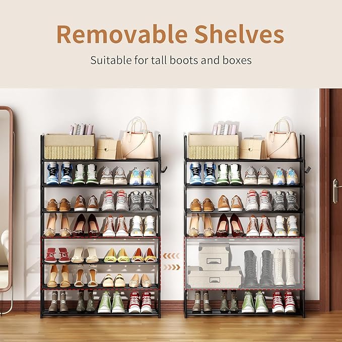HOMICKER Metal Shoe Organizer,7 Tiers Shoe Storage Shoe Rack with Hooks,Fit 24-30 Pairs,Adjustable Shoe Shelf for Entryway,Hallway,Bedroom,Metal Bottom Support