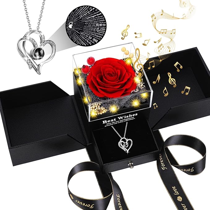 Christmas Birthday Gifts for Women - Preserved Real Rose with I Love You Heart 100-Language Necklace, LED Lights & Music Gift Box, Christmas for Women Girlfriend Mom