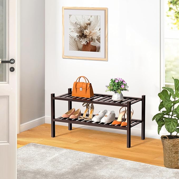 RONGJlA 2 Tier Bamboo Shoe Rack for Closet Free Standing Wood Shoe Shelf Storage Organizer for Entryway Small Space Stackable, Natura Brown