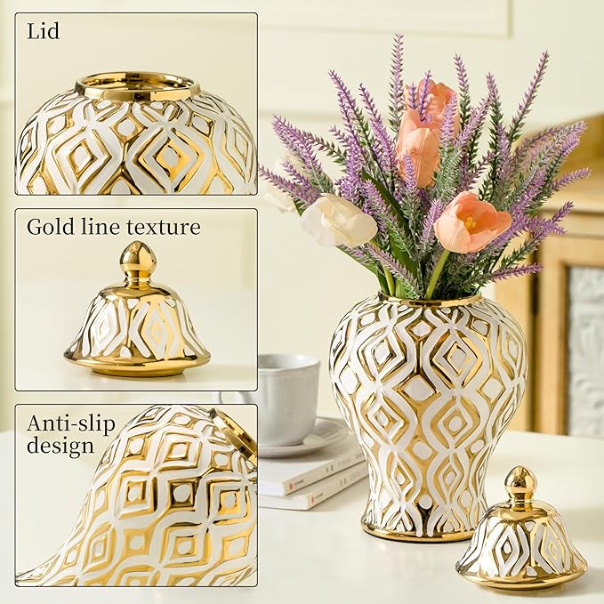 White and Gold Vase with Lid, Ginger Jars for Home Decor, Ceramic Flower Vase for Home, Kitchen, Bookshelf Decor, Storage jar, Table Center Vase, Centerpieces Jarrones(12.59in)