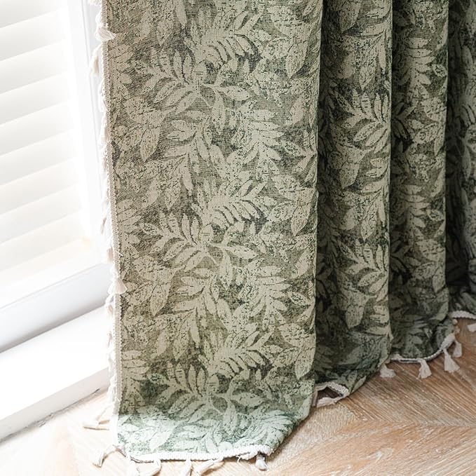 ENJOYBRIDAL Green Leaf 63 Inch Curtains 2 Panel Set Farmhouse Short Drapes Semi Sheer Rod Pocket Bedroom Rustic Window Curtain Panels Living Room Boho Aesthetic Country Tassel Window Treatments