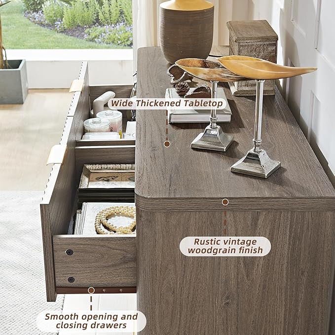 LEYAOYAO Fluted 6 Drawers Dresser Set of 2, 48" Wide Modern Chest of Drawers with Wood Grain Top, Curved Profile Design, Dresser TV Stand, Wooden Drawer Organizer for Bedroom, Living Room,Hallway,Grey