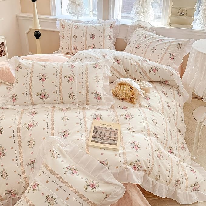VM VOUGEMARKET White Ruffle Comforter Set Queen with Elegant Pink Flower Printed Romantic Lace Comforter with 2 Pillow Shams Princess Bedding Comforter Set for Teen Girls(3pcs,Queen)