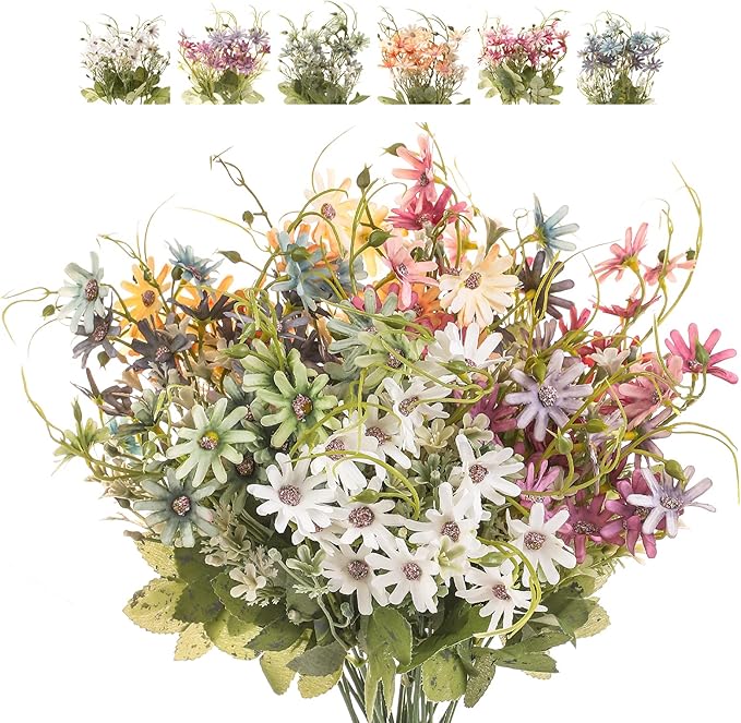 Artificial Flowers Wildflowers Silk Daisy Spring Fake Daisies Decoration Summer UV Resistant Colorful Mixed Bundles Faux Greenery Outdoor Plant Stem Filler for Home Decor Indoor Floral Arrangements