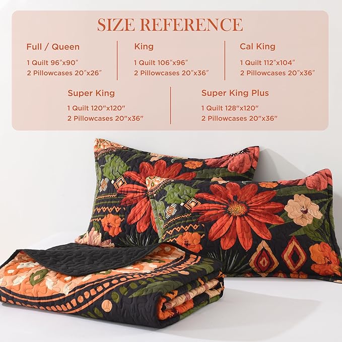 Andency Floral Boho Quilt Super King Plus Size Bedding Set Black, 3 Pieces Farmhouse Flower Botanical Summer Bedspreads with 2 Shams, Soft Reversible Microfiber Coverlet Set for All Season, 128"x120"