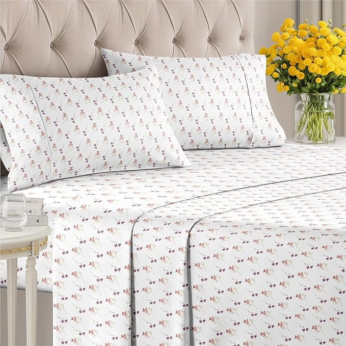 Floral Sheets - Pink & Purple Floral Bed Sheet Set - 1 Flat, 1 Fitted & 2 Pillowcases w/ Deep Pockets - Wrinkle & Fade Free - Boho Botanical Bedding - Soft, Breathable and Cooling - Cal King Size Set