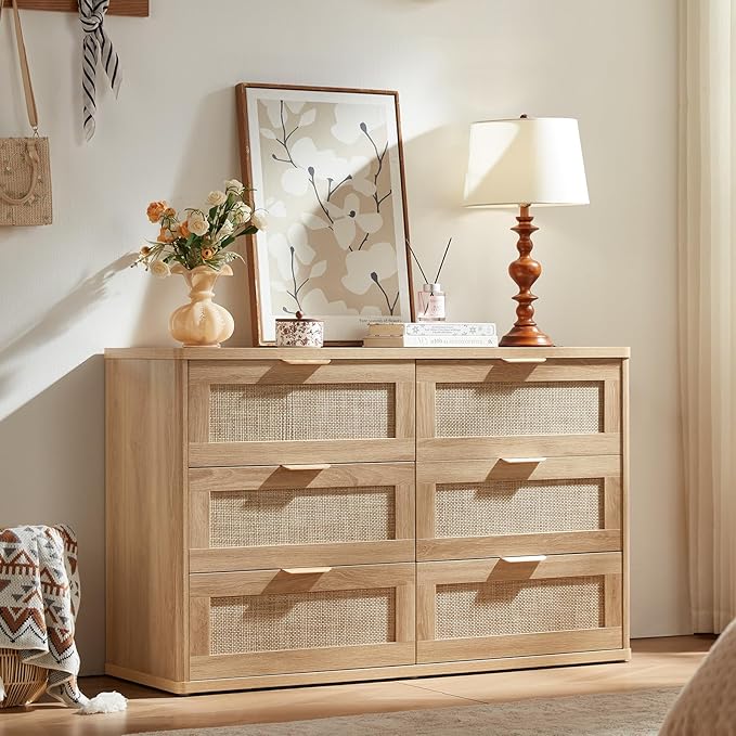 LEYAOYAO Rattan Dresser for Bedroom Set of 2, Boho 48" Wide 6 Drawer Dresser Chest of Drawers, Natural Wood Dressers TV Stand with Metal Handle, Storage Dressers Organizer for Living Room, Hallway