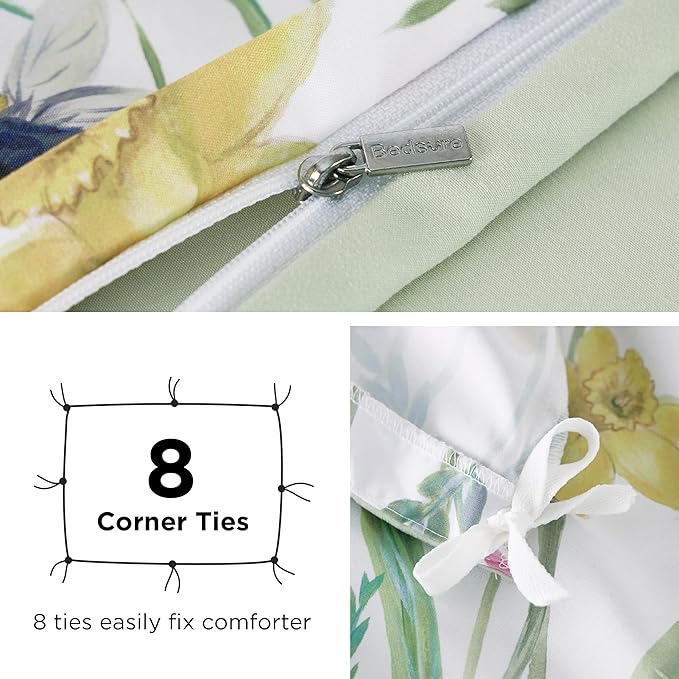 Bedsure Duvet Cover Queen Size - Reversible Floral Pattern Duvet Cover Set with Zipper Closure, 3 Pieces Green Bedding Set with 8 Corner Ties and 2 Pillow Shams 20"x26"