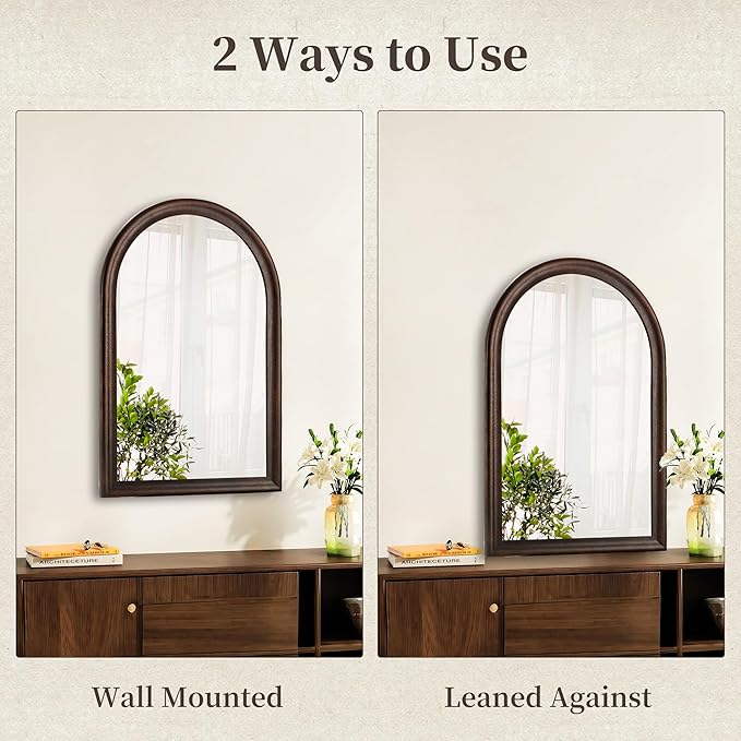 Tanmicoshomy Arched Bathroom Mirrors for Wall 24x36 Inch, Dark Brown Framed Arch Mirror with Tempered Glass for Living Room, Bedroom or Entryway