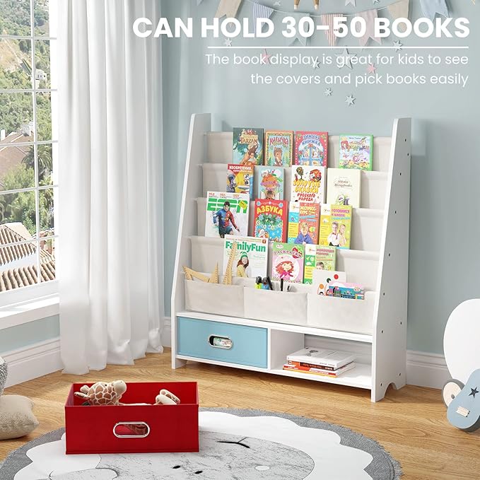 SEIRIONE Sturdy Kids Bookshelf, Children Display Rack, 4 Sling and 2 Storage Boxes for Toys Organizer, White/Wood Texture