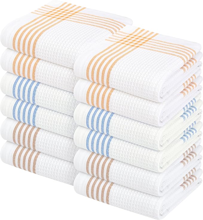 Waffle White & Multi Colors Kitchen Towels Set of 12, 100% Cotton, 16x26 inches, Durable Dish Towel, Quick Dry Dishcloths, Ideal for Drying, Wiping - Mustard Yellow, Sky Blue, Brown