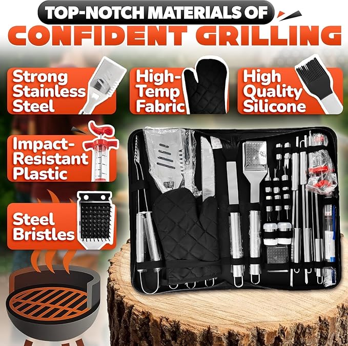 27 PCS Grill Accessories for Outdoor Grill – Stainless Steel BBQ Tools Grilling Tools Set, Organized in Case with Thermometer, Injector & More – Complete Kit for Cooking, Camping & Backyard Barbeque