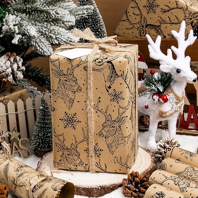 MAYPLUSS Kraft Christmas Wrapping Paper Jumbo Roll - 30 In X 120 In Per Roll - Vintage Brown Kraft Christmas Ornaments, Gingerbread Cookies, Pinecone & Deer Print Winter Gift Wrap for Rustic Holiday